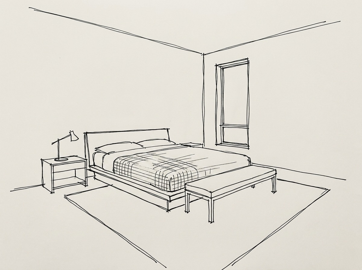 Pen sketch of a bedroom