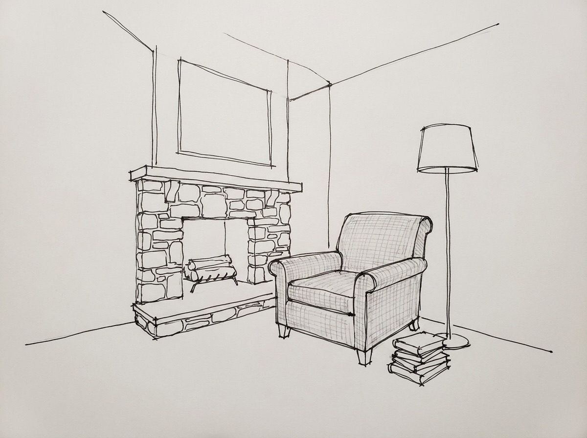 Pen sketch of an armchair by a fireplace