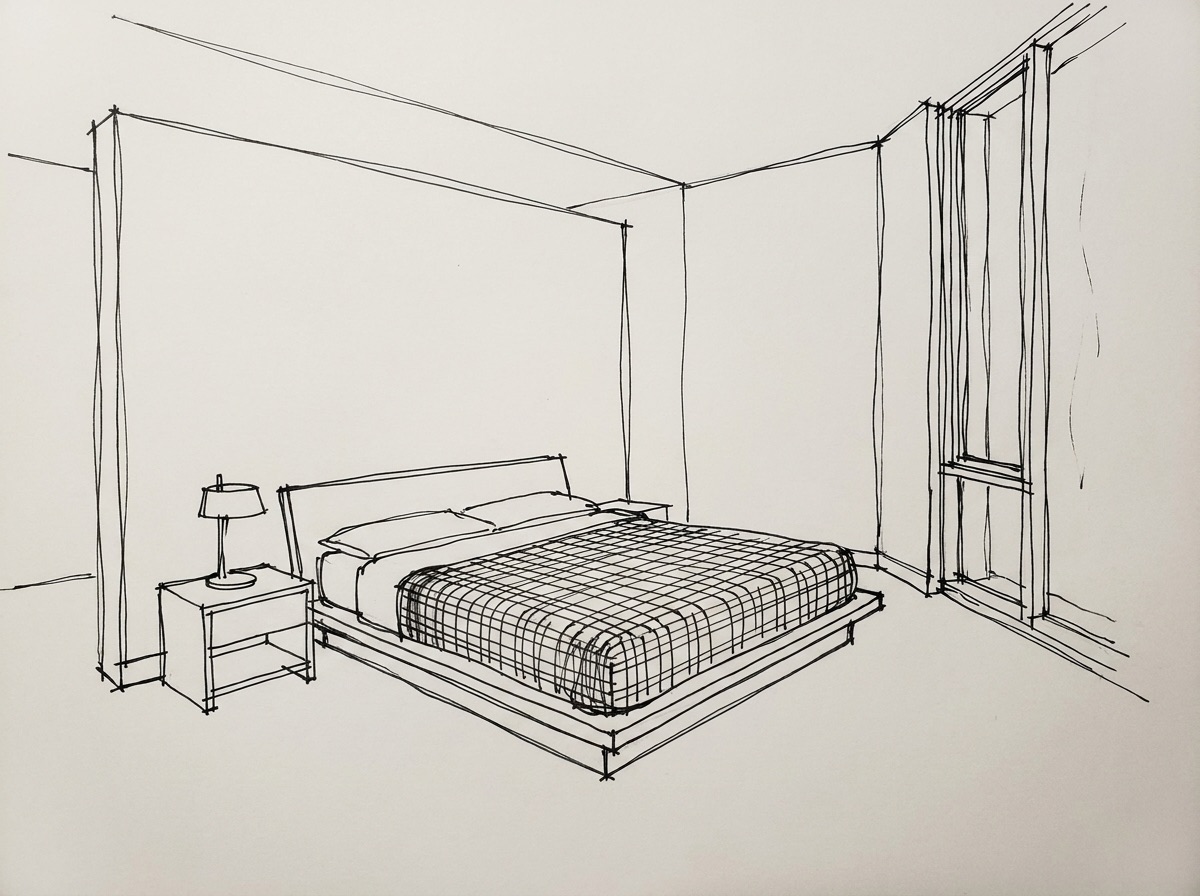 Pen sketch of a bedroom with a platform bed