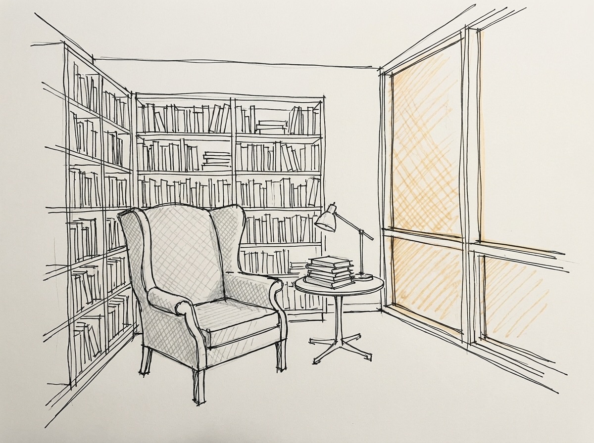 Pen sketch of a reading corner with a wingback chair