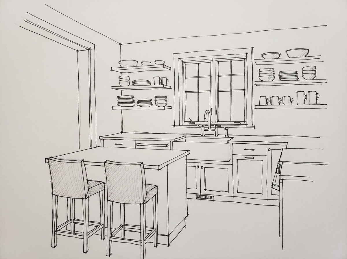 Pen sketch of a kitchen with open shelving