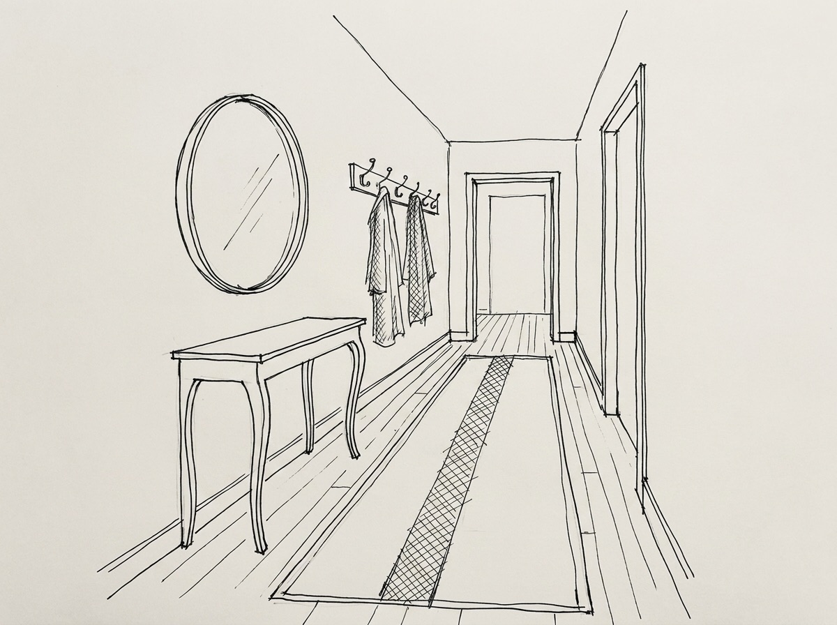 Pen sketch of an entry hallway