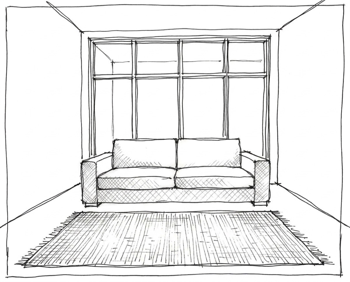 Pen sketch of a living room with a sofa